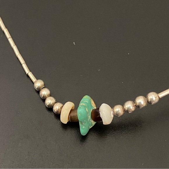 Vintage Unsigned Southwestern Silver & Turquoise Tube Beads 15” Necklace 4g - Picture 10 of 11